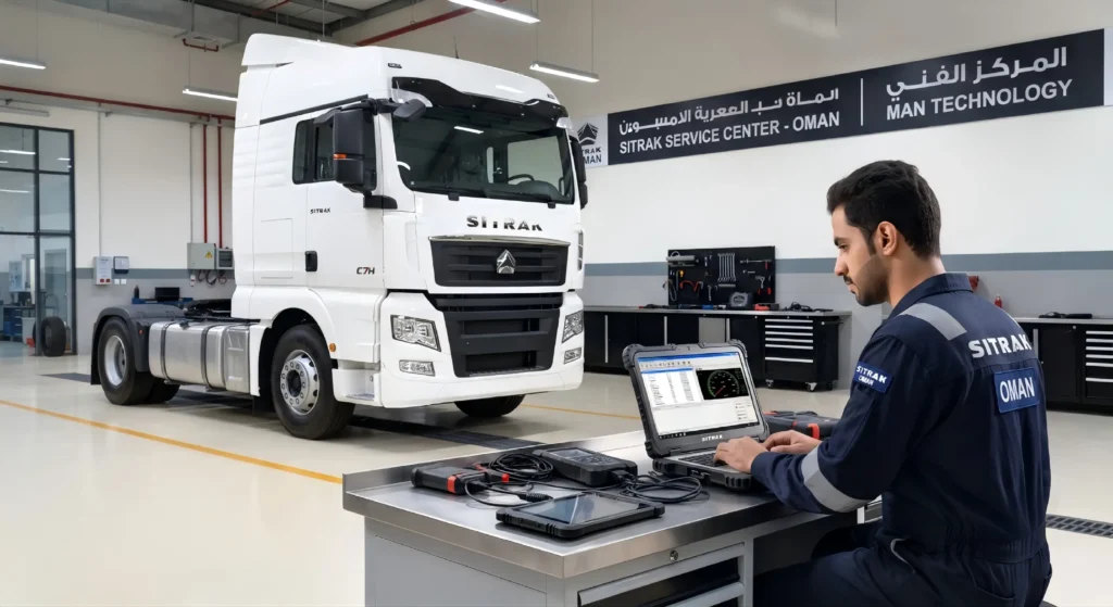 Technical engineer performing remote diagnostics on a Sitrak C7H truck at the Sitrak Service Center in Oman.