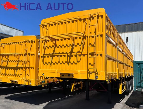 Yellow 3-axle stake semi-trailer with detachable fence and front bulkhead ladder by HICA AUTO