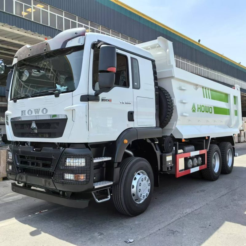 Front view of green SINOTRUK HOWO TX 6x4 dump truck cab showing front grille and headlights