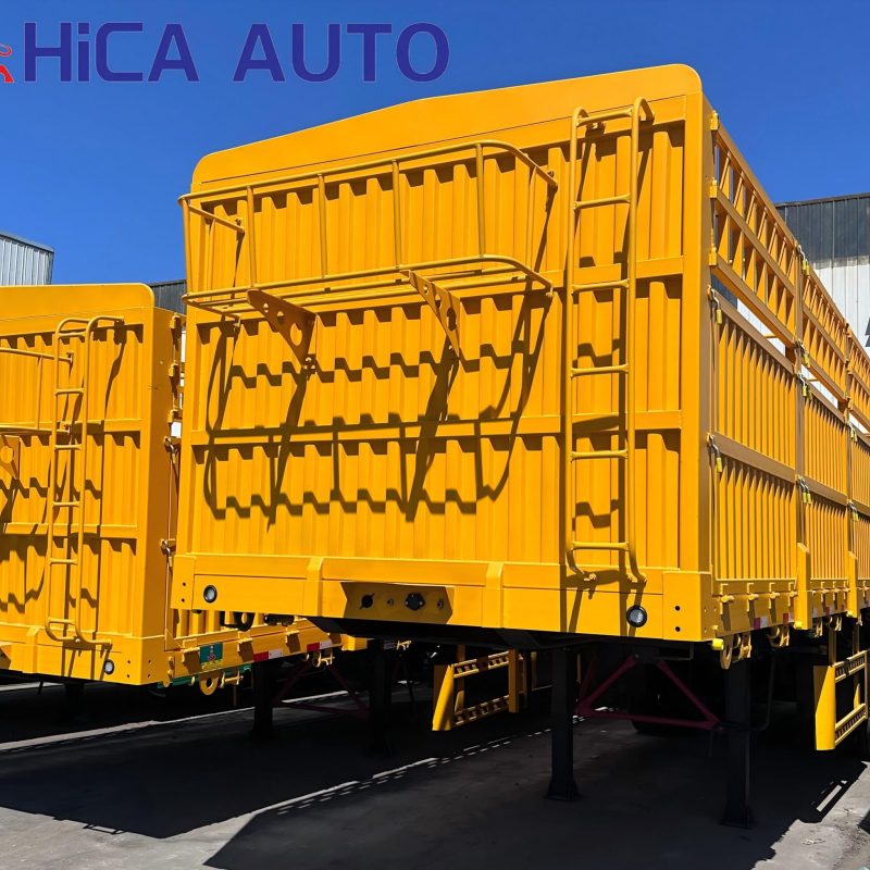 Yellow 3-axle stake semi-trailer with detachable fence and front bulkhead ladder by HICA AUTO